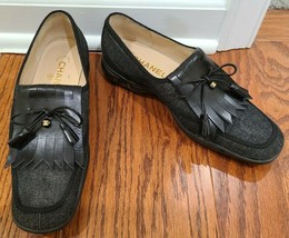 CHANEL Black Denim and Black Leather Oxford Trim Comfort Shoe with Rubber Sole - $189.99