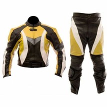 Men Black Yellow Motorcycle Suit With White Linings Genuine Leather Jacket Pant - £232.97 GBP