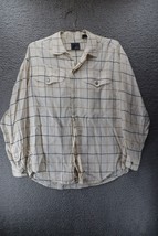 LIZ WEAR Vtg 90s Rayon Blouse Button Up Ivory Plaid Long Slv Western Pockets M - £9.35 GBP