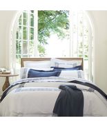 Sferra Saxon Celeste White Queen Flat Sheet Indigo Embroidery Percale It... - $180.00