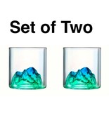 TWO Blue Green Mountain Peak Glasses Mt. Fuji Whiskey Vodka Bourbon Tequ... - $408.66 MXN