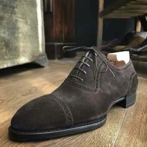 Handmade Men&#39;s Genuine Brown Dress Suede Leather Oxford Cap Toe Lace up ... - £125.29 GBP