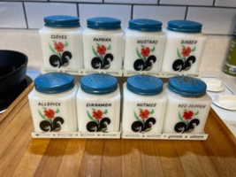  Vintage Tipp USA red flower/black leaf spice jar set of 8 blue lids with lo-boy - £119.08 GBP