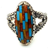 Vintage Sterling Signed Carolyn Pollack Inlay Mosaic Multi Gemstone Ring size 10 - £63.91 GBP