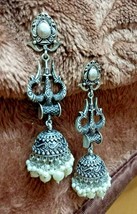Bollywood Style Oxidized 925 German Silver Long Pearl Jhumka Earrings Jewelry - £22.41 GBP