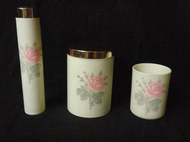 Fapex bathroom set cup cotton dispenser toothbrush case pink rose vintag... - $19.79