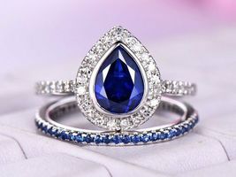 2.10Ct Pear Cut Blue Sapphire &amp; Diamond Women Bridal Ring Set 14K Rose Gold Over - £89.68 GBP