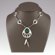 Sterling Silver Navajo Bear Paw Malachite Necklace With Feathers, 27&quot; 24.4g - £769.21 GBP