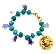 Vintage Dyed Turquoise Howlite Amethyst Brass Scarab Beetle Charm Bracelet - £21.80 GBP