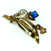 Sterling Silver Vermeil Blue Glass Stone Brooch Floral Vintage Jewelry - £28.77 GBP