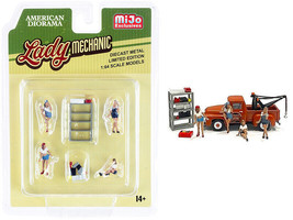 Lady Mechanic 6 piece Diecast Set 4 Figurines 2 Accessories for 1/64 Scale Model - £17.92 GBP