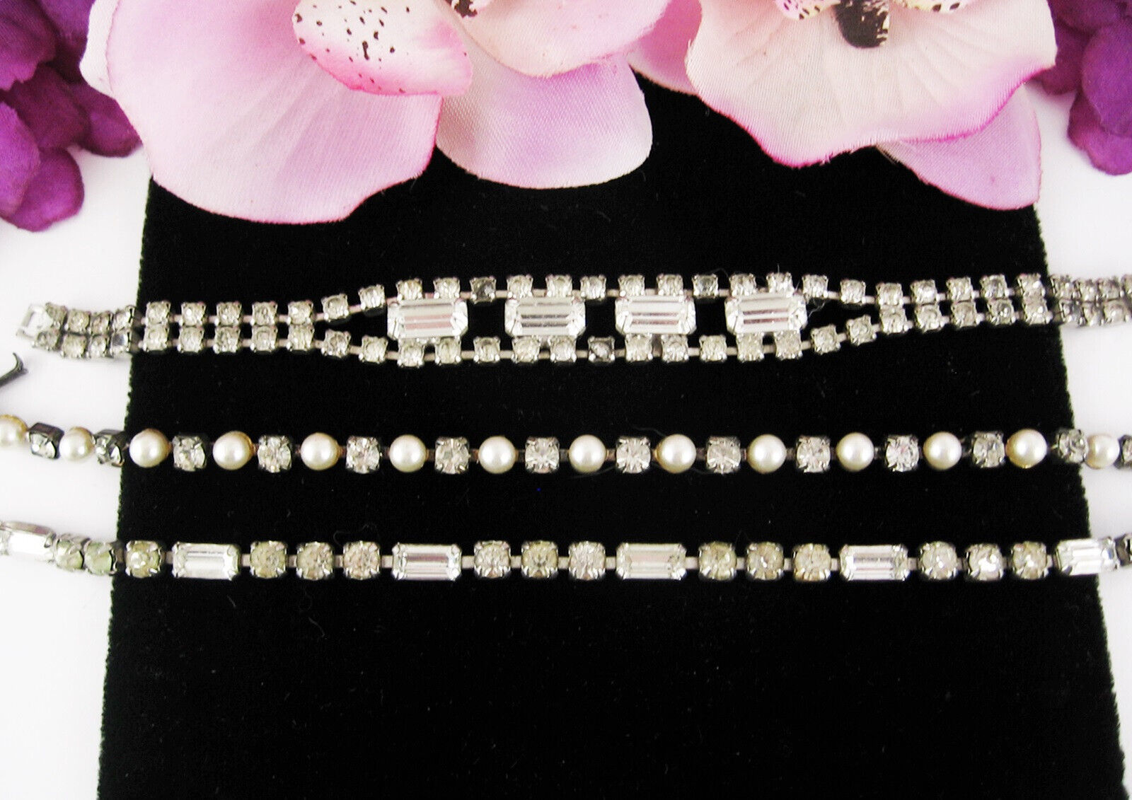 Primary image for Lot 3 Vintage RHINESTONE BRACELETS, 1 Faux Pearl Beads, 1 Sign KRAMER Silvertone