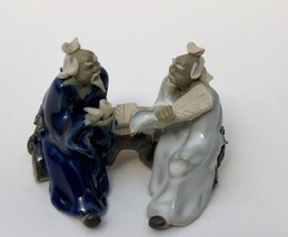 Ceramic Figurine Two Men Sitting On A Bench Holding Fan &amp; Pipe- 2.25&quot; Co... - £7.14 GBP