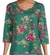 Pioneer Woman XXL V-Neck Pullover Shirt Green Red Floral 3/4 Sleeve Cott... - $13.53
