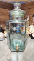 Vtg Italian Hexagon Beverage Dispenser 2 Gallons Green Tint Glass Brass ... - $123.75