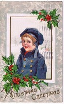 Christmas Postcard Boy? Girl? Blue Coat Cap Child Holly Berries - $2.96
