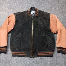 Vintage Basic Editions Leather Stadium Jacket Adult Large Black Brown Lined - £36.60 GBP