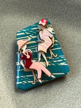 Woman Pins by Lucinda Two Friends Sisters Sitting On Chairs w Pink &amp; Red Clothes - £15.54 GBP