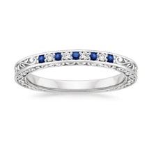 14K White Gold Plated Silver 1.3MM Simulated Blue Sapphire Wedding Band Ring - £36.92 GBP