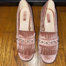 NWT Forever 21 Size 7 Blush Pink Velour Pearl Fringe Loafer Chunk Heels - £31.15 GBP