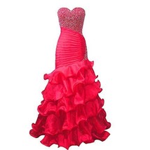 Beaded Sequins Mermaid Ruffles Long Formal Prom Dress Evening Gown Fuchsia US 10 - £102.86 GBP