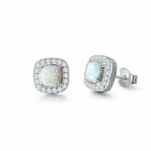 14K White Gold Plated 925 Sterling Silver CZ Created Opal Halo Stud Earrings - £58.15 GBP