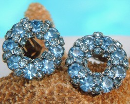 Vintage Joseph Warner Clip On Earrings Blue Rhinestones Circle Wreath - £22.34 GBP