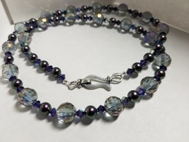 Iridescent Purple Crystal Pearls &amp; Glass Beaded Necklace - £25.16 GBP