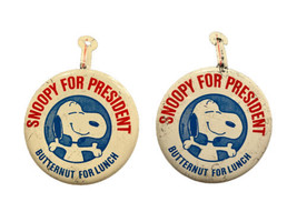 Snoopy For President Foldover Tin PIn Butternut For Lunch Lot of 2 1968 Vtg 2 in - £15.75 GBP