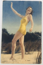 Vintage 1940&#39;s MWM Bathing Beauty Yellow 1 Piece Swimsuit AB505 Postcard - £7.09 GBP