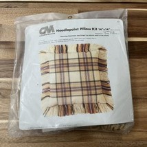 Vintage Columbia Minerva Needlepoint Pillow Kit 14x14 Brown Orange Plaid Fringe  - £24.08 GBP