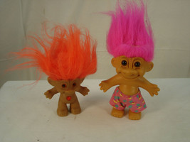 Pair of Vintage Troll Doll s Russ 4&quot; Hot Pink Hair 90s Ace 3&quot; Orange Hair Nude - £7.98 GBP