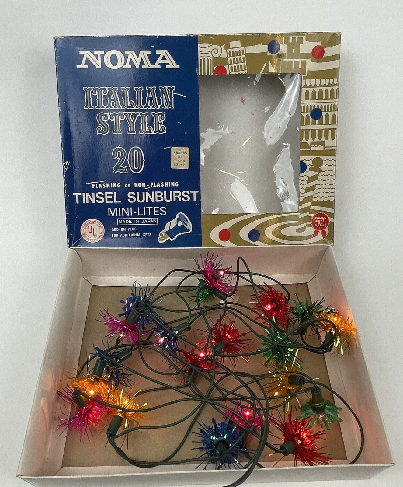 Vintage Noma Christmas Lights Tinsel Sunburst Italian Style Atomic Star String  - £36.76 GBP