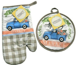 Blue Farm Truck Spring Cotton 2-Piece Pot Holder and Ovenmitt Gray Buffa... - £16.85 GBP