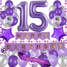 15Th Birthday Party Decorations Purple Happy Birthday Paper Banner Purple 40Inch - £21.67 GBP