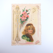 Antique Valentine Blonde Girl Green Coat Pink Flowers Embossed Bifold UNSIGNED - £7.98 GBP