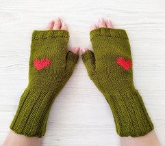 Womens Wool Mittens handmade Fingerless Gloves Green Hand Knit Valentine... - $29.39