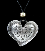 Pewter Heart With Symbols Pendant On Black Cording Vintage Necklace Silvertone - £18.09 GBP
