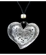 Pewter HEART With SYMBOLS Pendant on Black Cording Vintage NECKLACE Silv... - $22.88