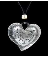 Pewter HEART With SYMBOLS Pendant on Black Cording Vintage NECKLACE Silv... - £17.99 GBP