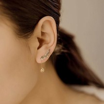 18K Solid Gold Leaf Ear Climber Earrings, Unique Dangle Drop Ear Crawlers Women - £183.85 GBP