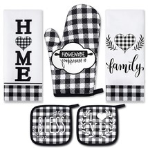 5 Pieces Buffalo Plaid Kitchen Towels Oven Mitts And Pot Holder Set Blac... - £36.97 GBP