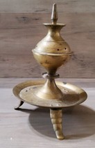 Vintage Brass Incense Holder Cone Burner Footed Lift Up Lid Etched Tray 7&#39;&#39; - £48.38 GBP