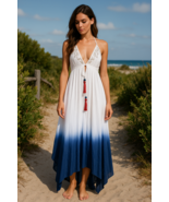 Artelier Nicole Miller Blue White Ombre Maxi Dress M Beaded Halter Tasse... - €61,70 EUR