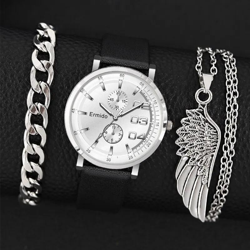 3PCS Set Fashion Mens Silver celet Neck  For Men Business Wrist Watch Clic Male  - £80.22 GBP
