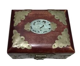 Vtg Wood &amp; Brass Shanghai Chinese Oval Jade Inlay Padded Silk Jewelry Bo... - $37.87