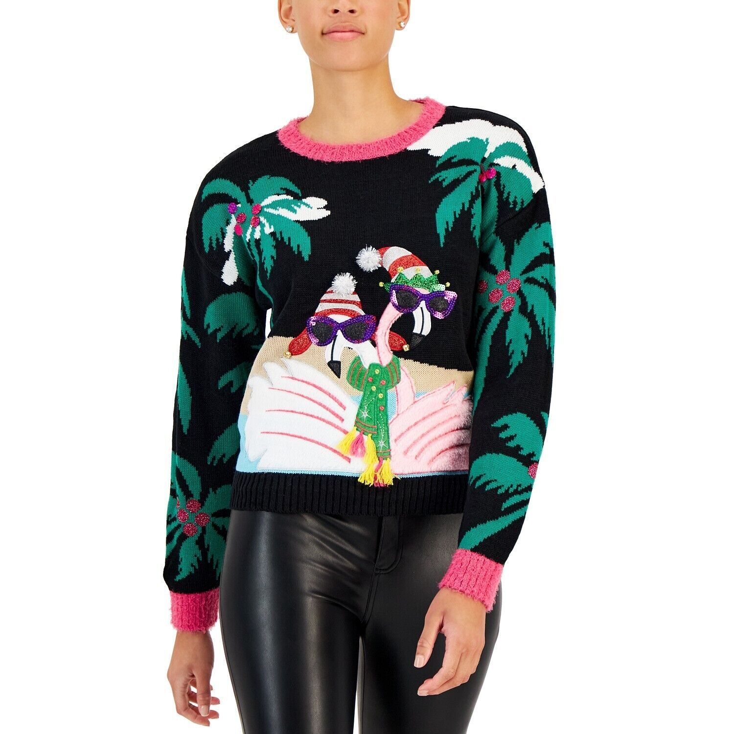 Hooked Up by IOT Juniors&#39; Sequined Embroidered Sweater Black XL B4HP - $14.95