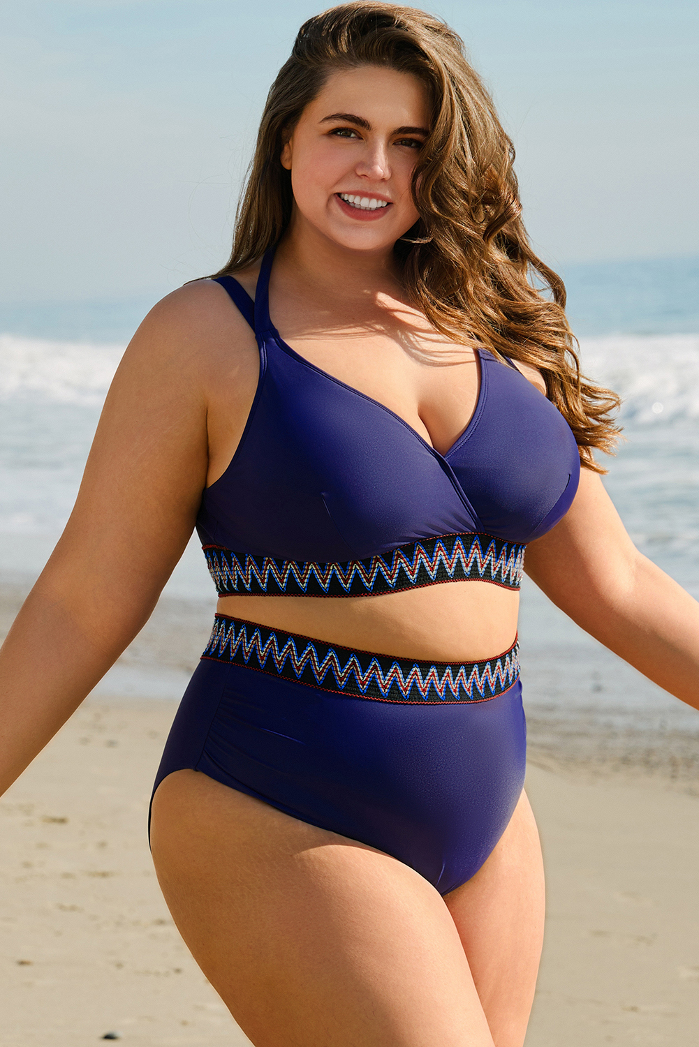 Navy Blue Embroidered Trim Wrap Tie Knot Plus Size High Waisted Bikini Item image 3