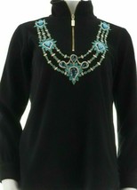 Bob Mackie Black Embellished Aqua Jewel Neckline Fleece 1/2 zip Pullover XS New - £17.89 GBP