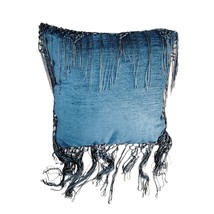 Blue Long Fringe Throw Pillow 16 Inch Square Knotted Net Trim Soft Decorative - £15.55 GBP